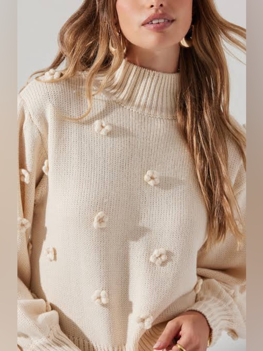 Astr Cream Flower Appliqué Mock Neck Sweater